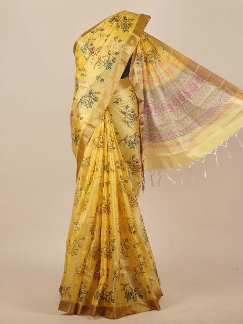 

Pothys Yellow & Blue Floral Cotton Blend Saree
