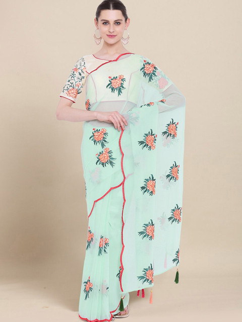 

Kvsfab Sea Green & Peach-Coloured Floral Embroidered Saree