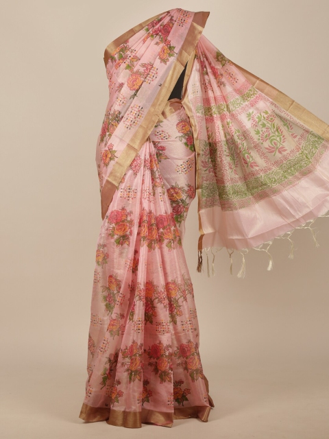 

Pothys Pink & Yellow Floral Zari Cotton Blend Saree