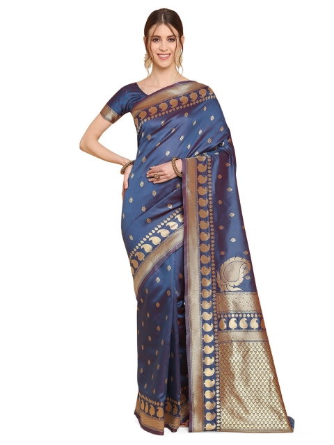 

KALINI Navy Blue & Gold-Toned Paisley Zari Silk Blend Fusion Banarasi Saree