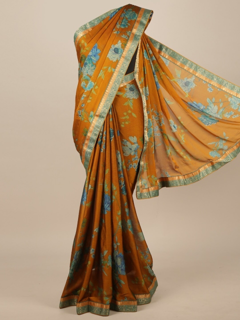 

Pothys Mustard & Blue Floral Poly Chiffon Saree