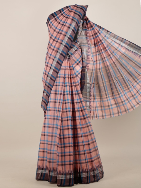 

Pothys Peach-Coloured & Blue Checked Pure Cotton Saree