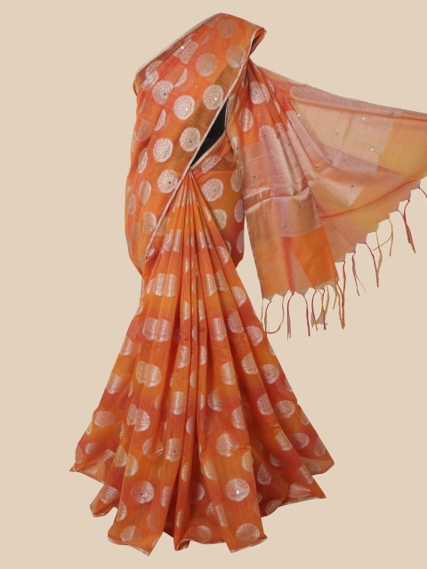 

Pothys Orange & Silver-Toned Woven Design Mirror Work Saree