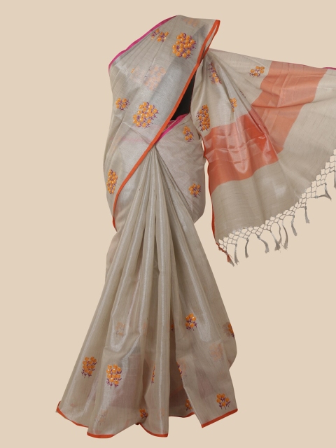

Pothys Silver-Toned & Orange Floral Embroidered Tissue Saree