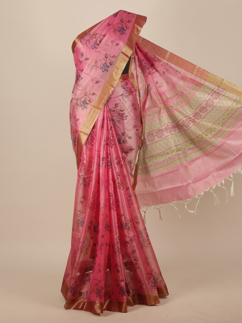 

Pothys Pink & Blue Cotton Blend Floral Saree