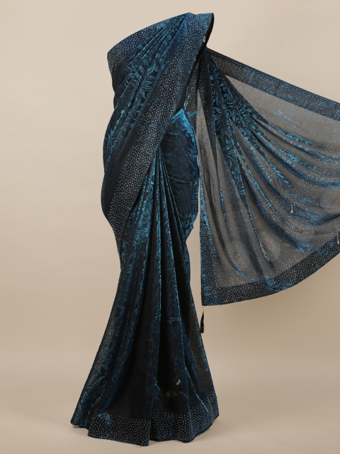 

Pothys Blue & Silver-Toned Floral Beads and Stones Jute Silk Saree
