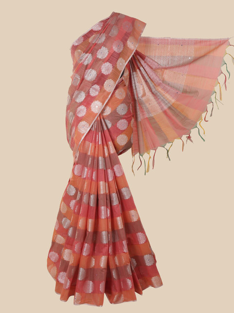 

Pothys Peach-Coloured & Silver-Toned Woven Design Saree
