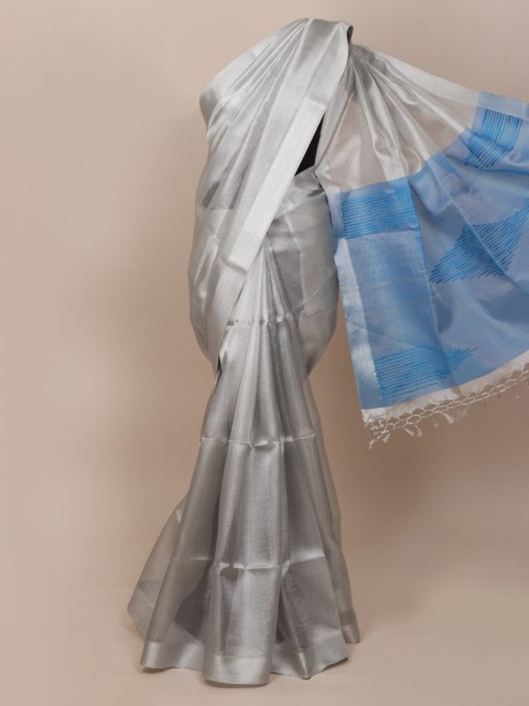 

Pothys Silver-Toned & Blue Zari Tissue Saree