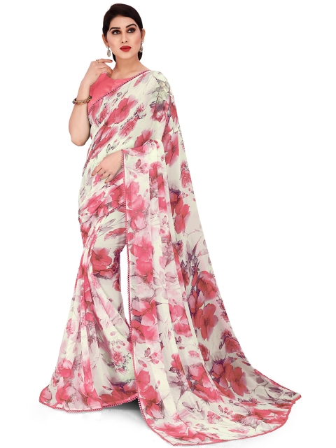 

MIRCHI FASHION Off White & Pink Floral Saree