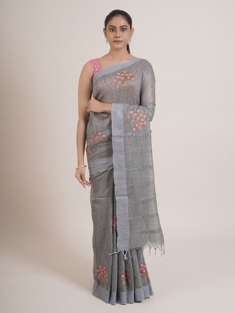 

Pothys Grey & Pink Floral Saree