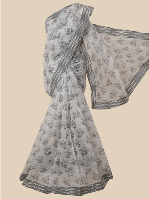 

Pothys White & Grey Floral Supernet Saree