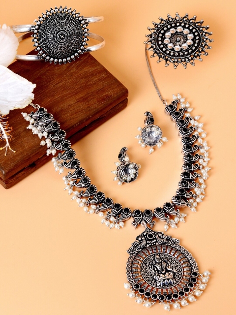 

TEEJH Oxidised Silver-Toned & Black Stone-Studded & Beaded Jewellery Set