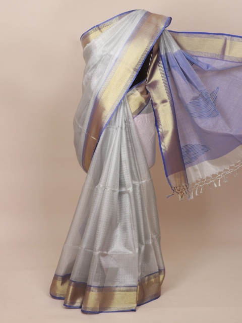 

Pothys Silver-Toned & Blue Woven Design Zari Tissue Saree