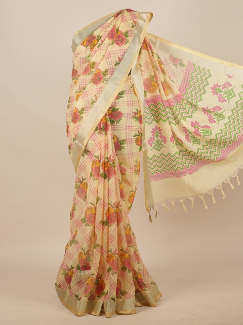 

Pothys Cream-Coloured & Pink Floral Zari Linen Blend Saree