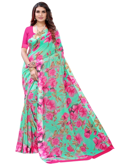 

KALINI Green & Pink Floral Printed Pure Linen Saree