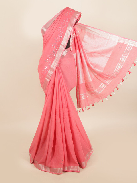 

Pothys Pink & Silver-Coloured Sequinned Linen Blend Saree