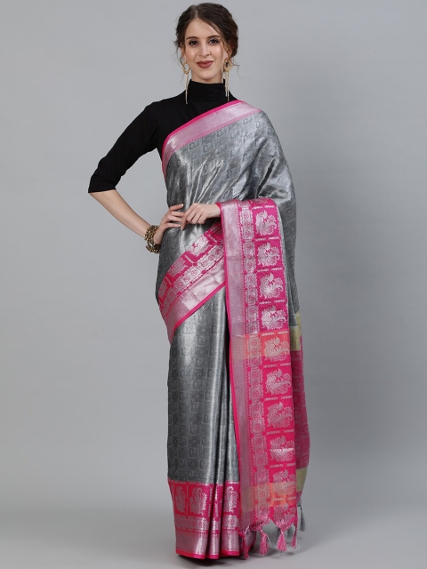 

KALINI Grey & Pink Ethnic Motifs Zari Art Silk Banarasi Saree