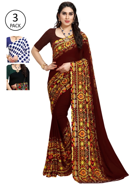 

KALINI Pack of 3 Poly Georgette Printed Sarees, White