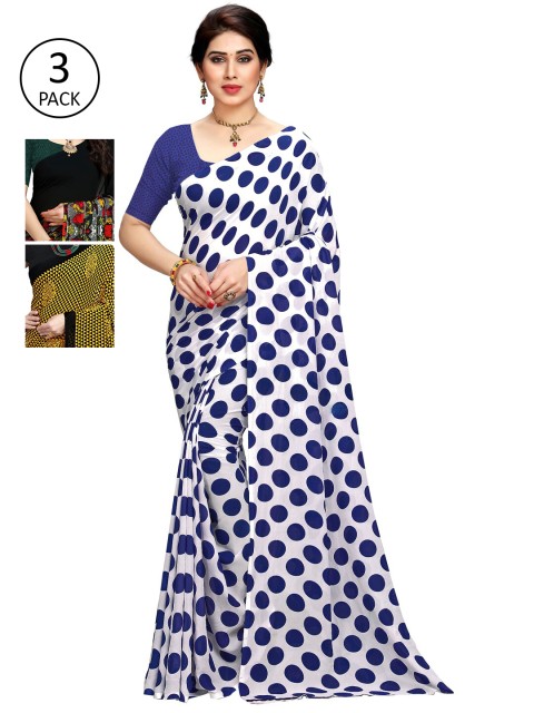 

KALINI Set of 3 White, Black & Yellow Printed Sarees