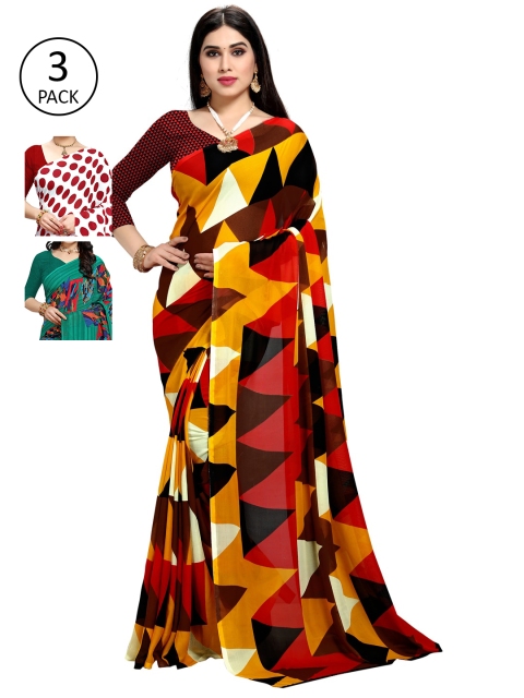 

KALINI Pack Of 3 Printed Poly Georgette Sarees, Red
