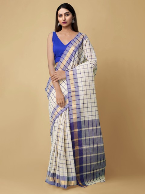 

Unnati Silks Cream-Coloured & Blue Woven Design Zari Pure Cotton Mangalagiri Saree