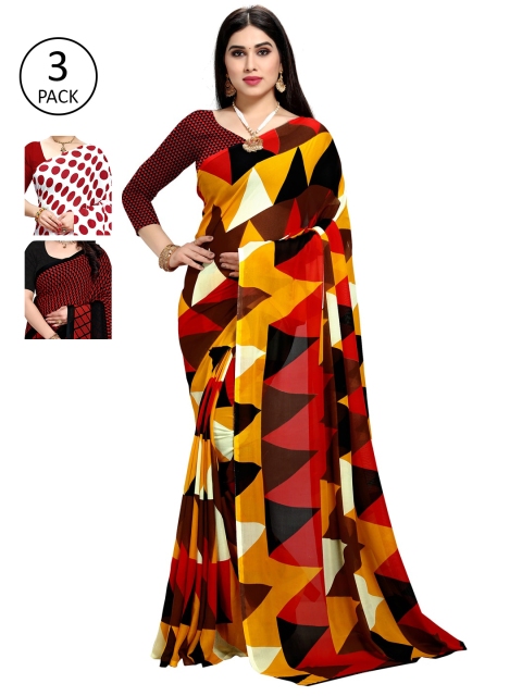 

KALINI Pack Of 3 Printed Poly Georgette Sarees, Red