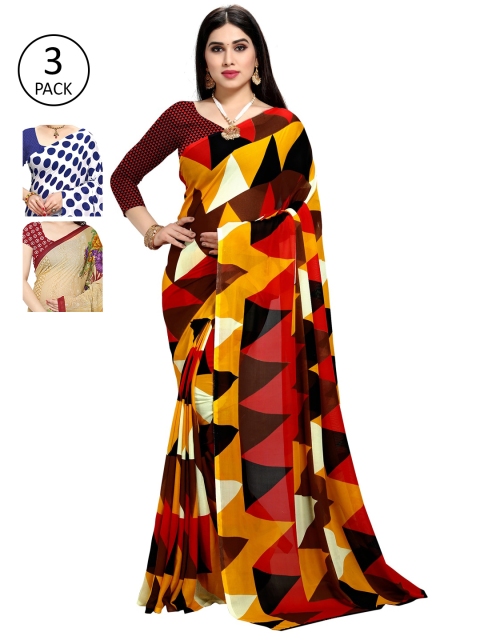 

KALINI Pack of 3 Poly Georgette Printed Sarees, White