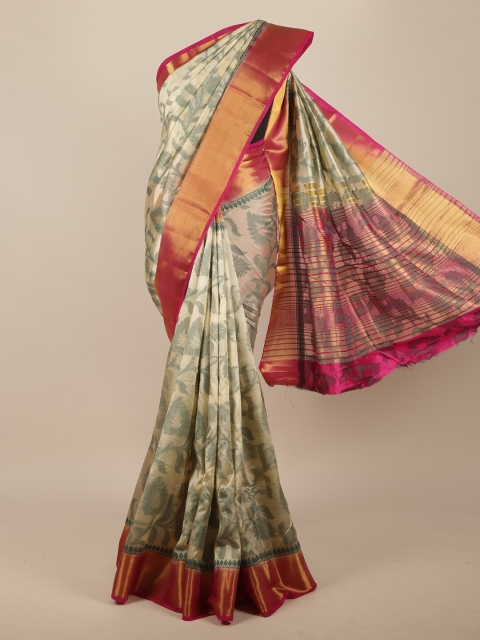 

Pothys Cream-Coloured & Grey Floral Jute Silk Saree