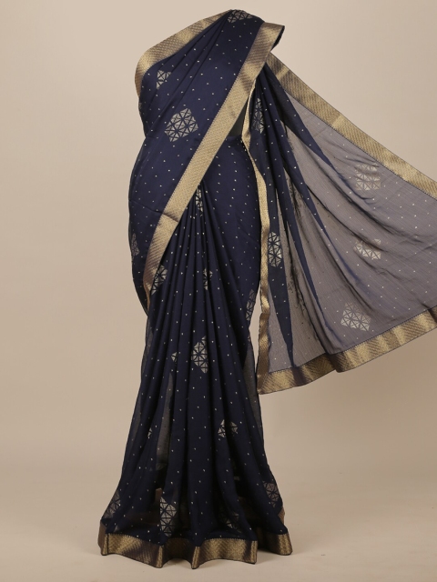 

Pothys Navy Blue & Gold-Toned Zari Poly Chiffon Saree