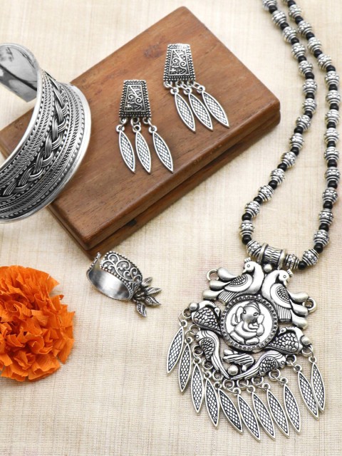 

TEEJH Oxidised Silver-Toned & Black Beaded Jewellery Set