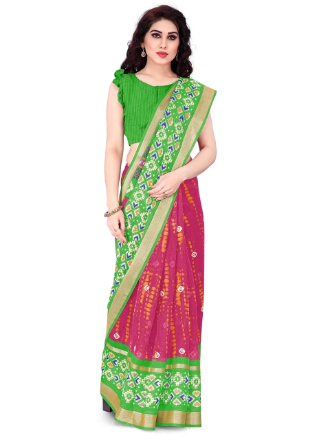

KALINI Pink & Green Zari Ikat Saree