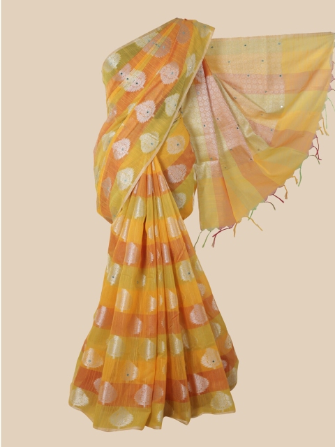 

Pothys Yellow & Green Floral Mirror Work Saree