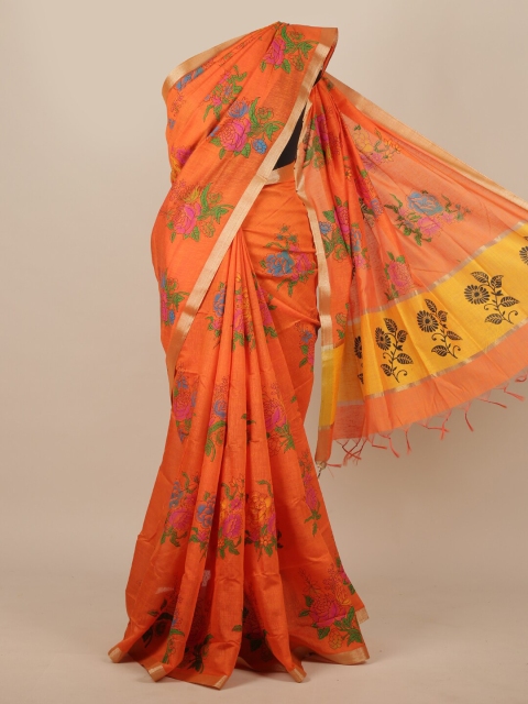 

Pothys Orange & Yellow Floral Cotton Blend Saree