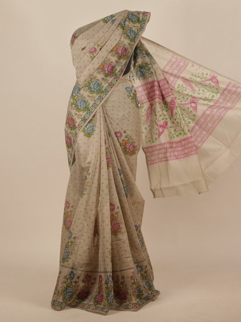 

Pothys Cream-Coloured & Grey Floral Cotton Blend Saree