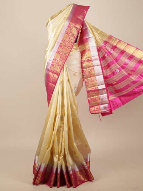 

Pothys Cream-Coloured & Pink Woven Design Zari Jute Silk Saree