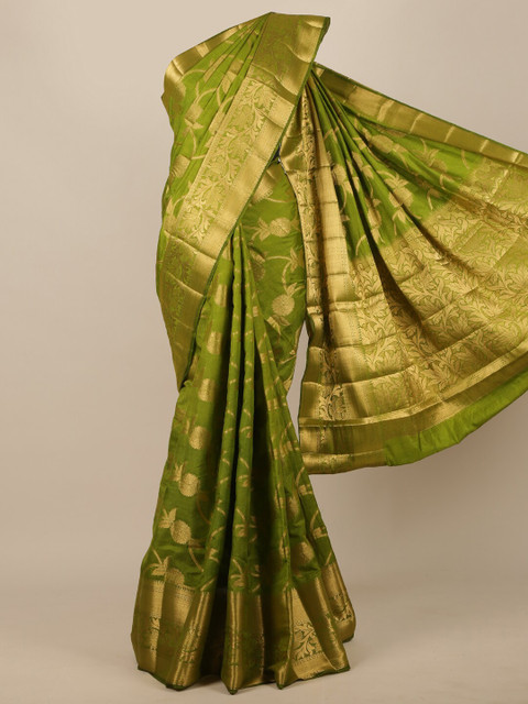 

Pothys Green & Gold-Toned Woven Design Jute Silk Saree