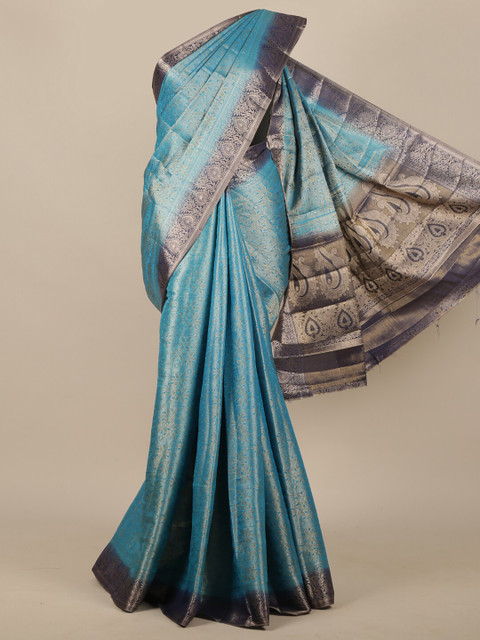 

Pothys Turquoise Blue & Silver-Toned Ethnic Motifs Zari Jute Silk Saree