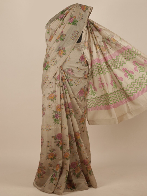 

Pothys Grey & Pink Cotton Blend Floral Saree