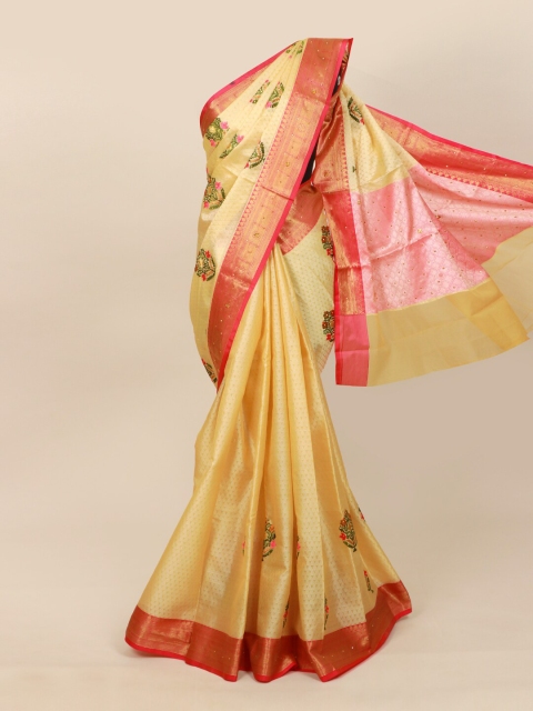 

Pothys Cream-Coloured & Pink Ethnic Motifs Zari Jute Cotton Saree