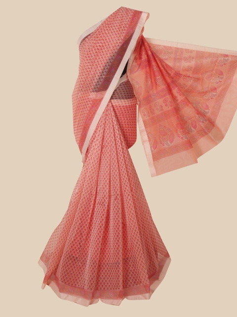 

Pothys Peach-Coloured & Green Floral Zari Supernet Saree