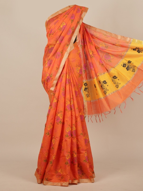 

Pothys Orange & Pink Floral Schiffli Saree