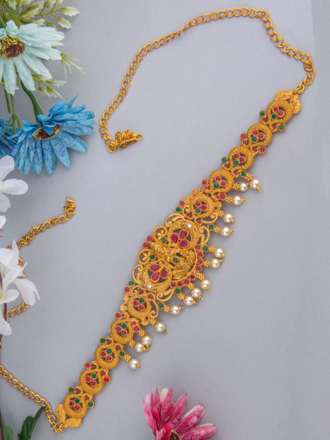 

Alankruthi Gold-Plated Green & Pink Stone-Studded & Beaded Kamarbandh