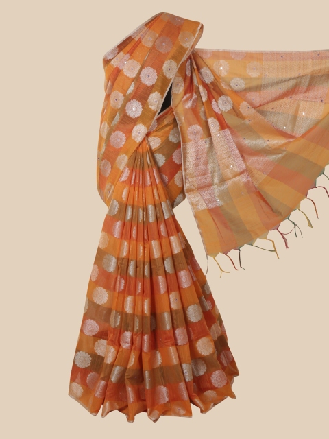 

Pothys Orange & Peach-Coloured Ethnic Motifs Mirror Work Saree