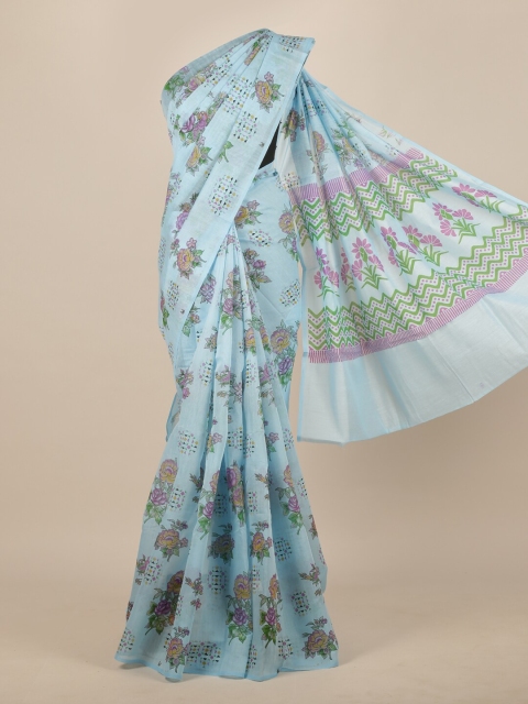 Pothys Blue & Green Floral Cotton Blend Saree