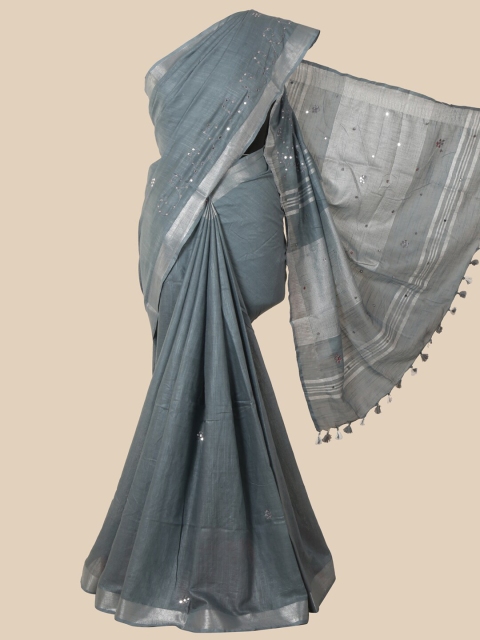 

Pothys Grey & Silver-Toned Embellished Mirror Work Jute Cotton Saree