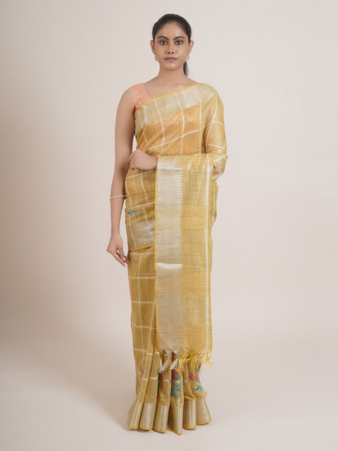 

Pothys Yellow & Pink Checked Embroidered Saree