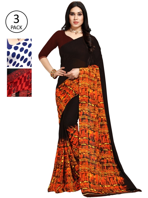 

KALINI Pack of 3 Poly Georgette Printed Sarees, White