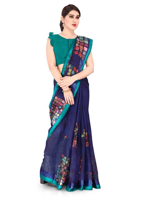 

KALINI Navy Blue & Green Colourblocked Saree