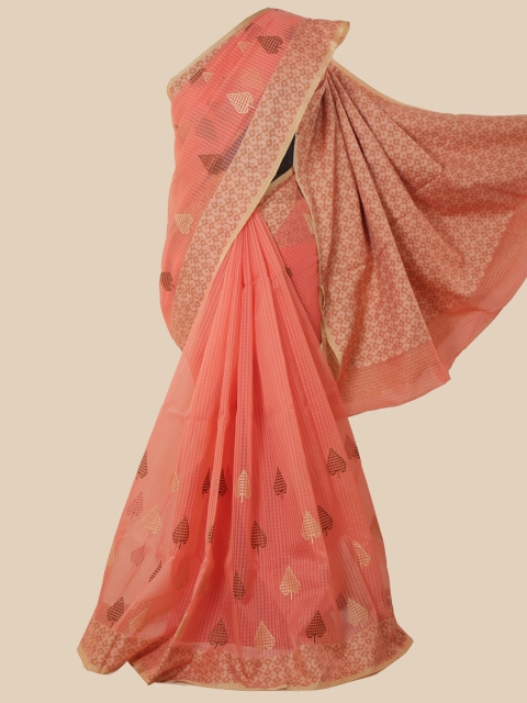 

Pothys Peach-Coloured & Brown Floral Saree