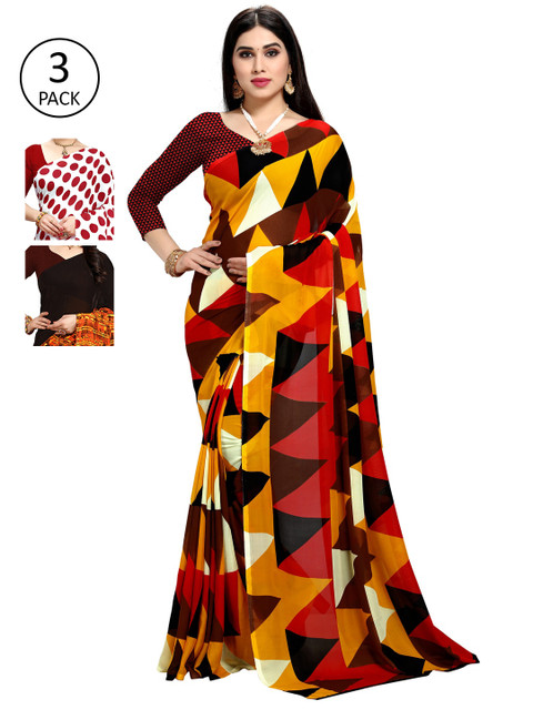 

KALINI Pack of 3 Poly Georgette Saree, Red
